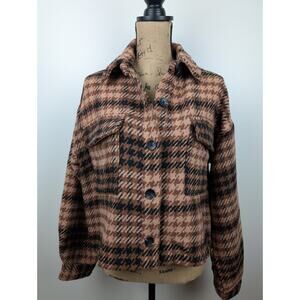 Altar'd State Cozy Cropped Brown Plaid Button‎ Down Jacket Size S